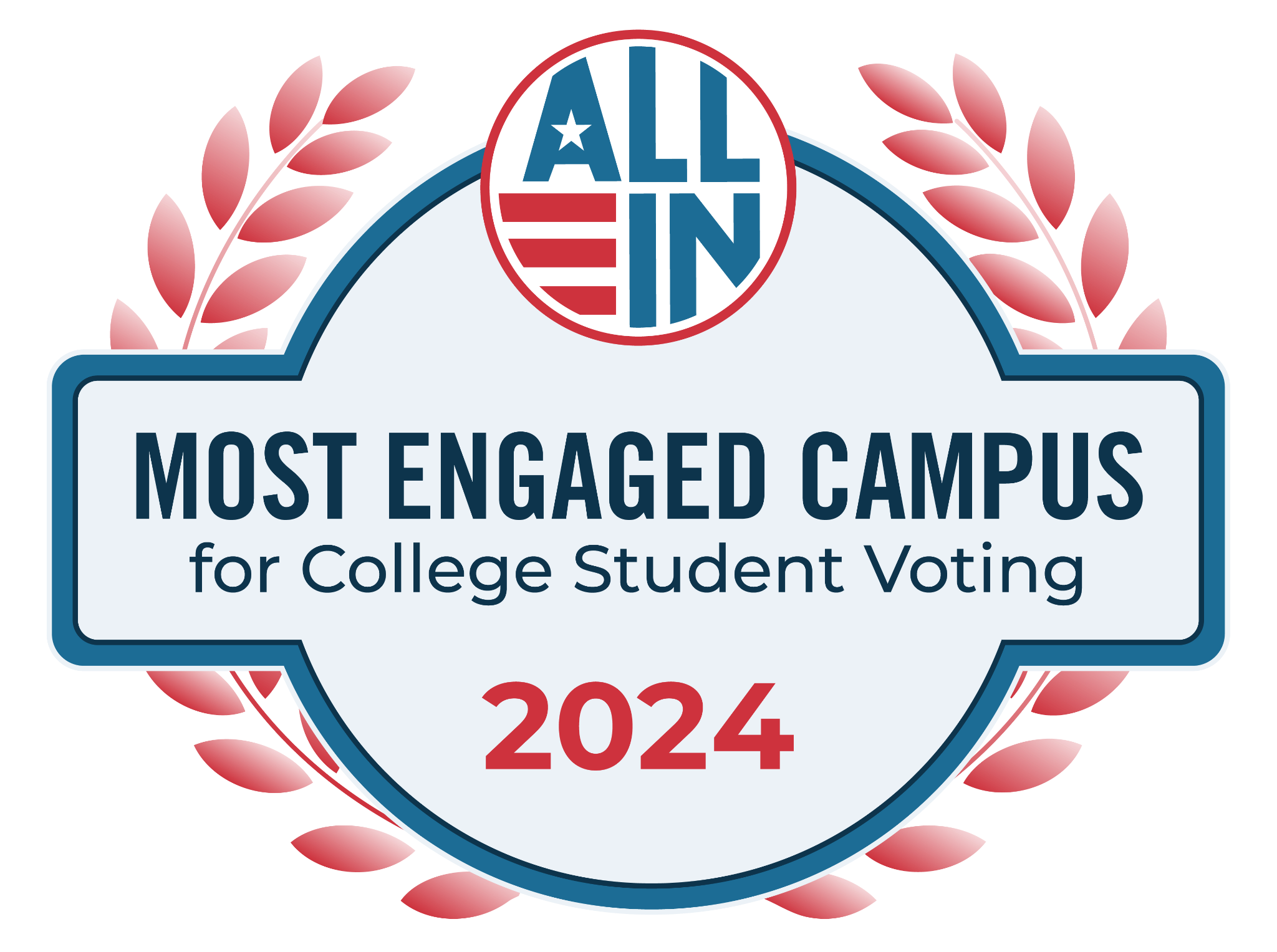 Badge that says "All In: Most Engaged Campus for College Student Voting 2024"